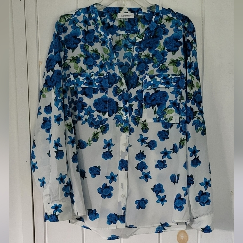 Calvin Klein Split Neck Long Sleeve Roll Tab Blouse